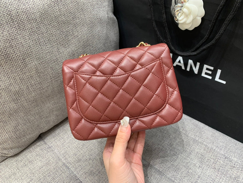 CHANEL MINI SQUARE FLAP BAG 17CM BURGUNDY LAMBSKIN GOLD HARDWARE