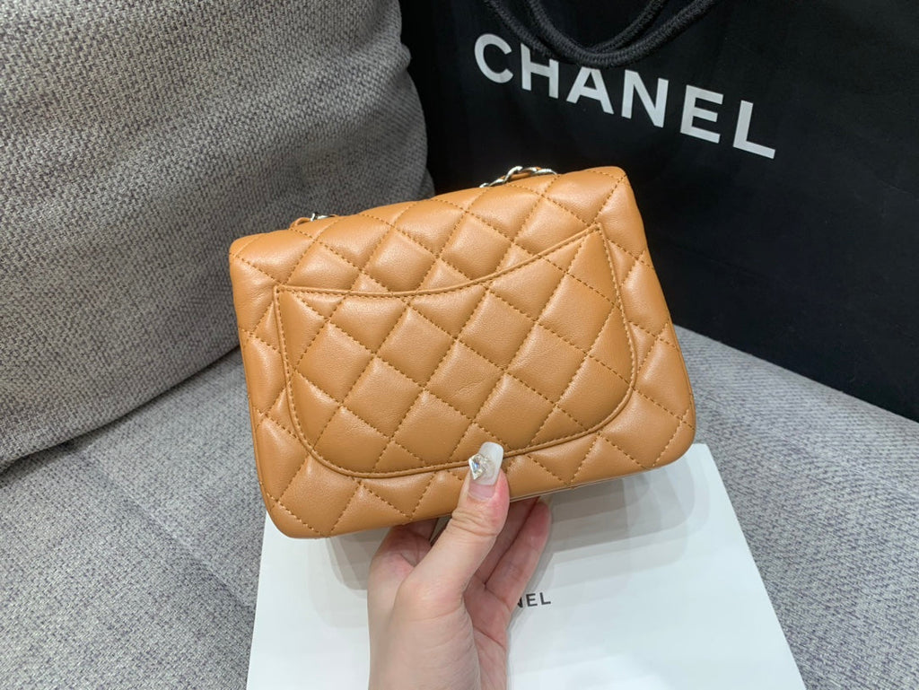 CHANEL MINI SQUARE FLAP BAG 17CM BROWN LAMBSKIN SILVER HARDWARE