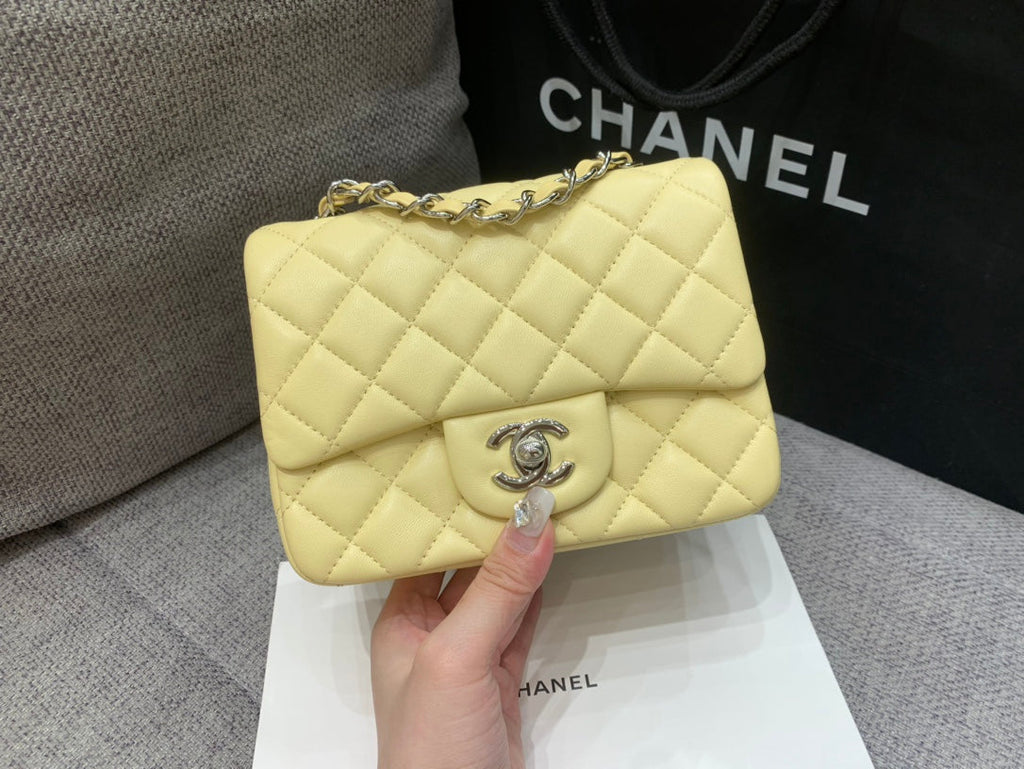 CHANEL MINI SQUARE FLAP BAG 17CM YELLOW LAMBSKIN SILVER HARDWARE