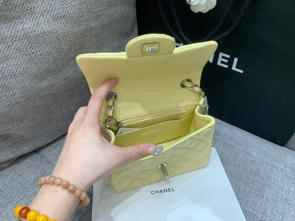 CHANEL MINI SQUARE FLAP BAG 17CM YELLOW LAMBSKIN SILVER HARDWARE