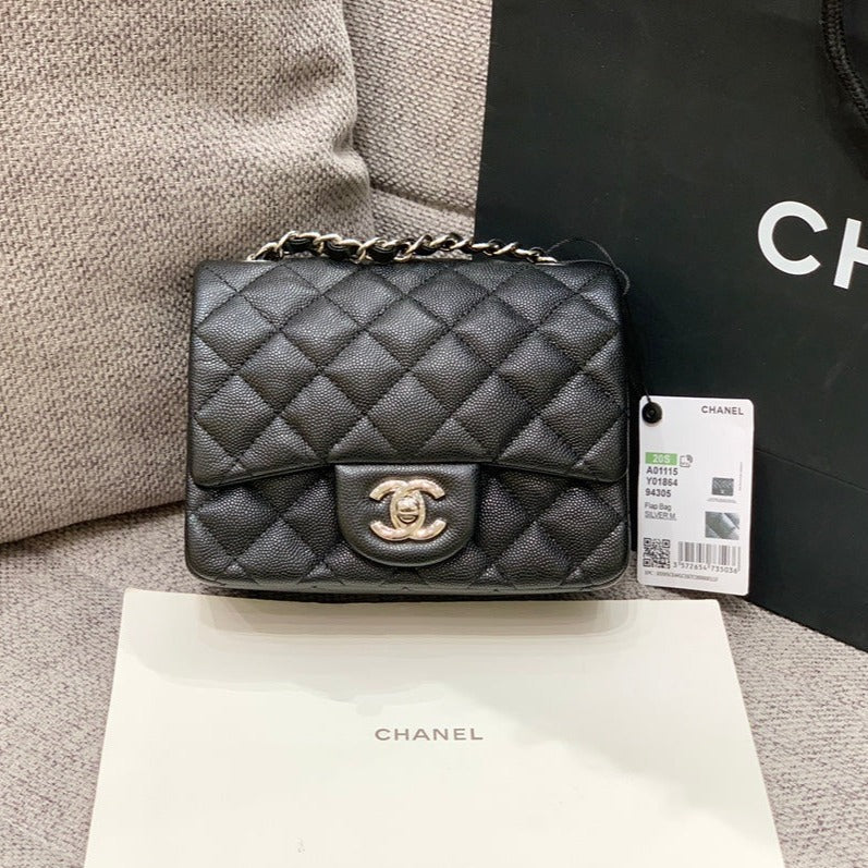 CHANEL MINI SQUARE FLAP BAG 17CM BLACK CAVIAR SILVER HARDWARE