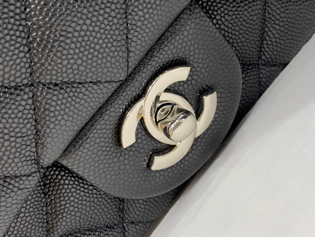 CHANEL MINI SQUARE FLAP BAG 17CM BLACK CAVIAR SILVER HARDWARE