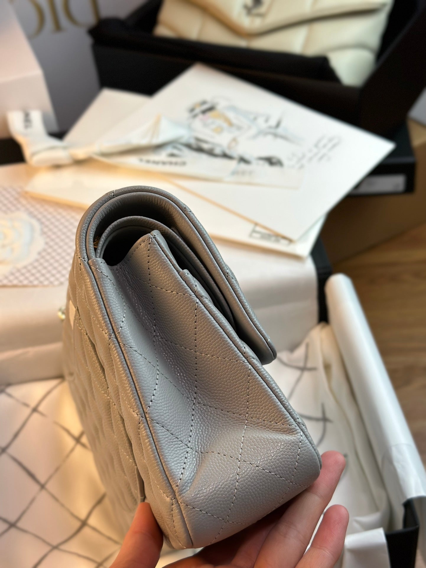 CHANEL FLAP BAG 25CM GOLD HARDWARE GREY CAVIAR