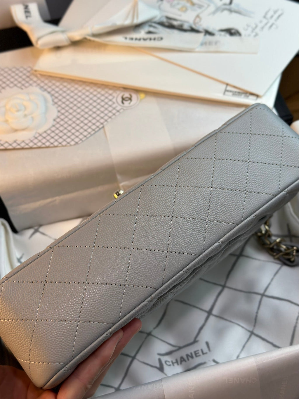CHANEL FLAP BAG 25CM GOLD HARDWARE GREY CAVIAR