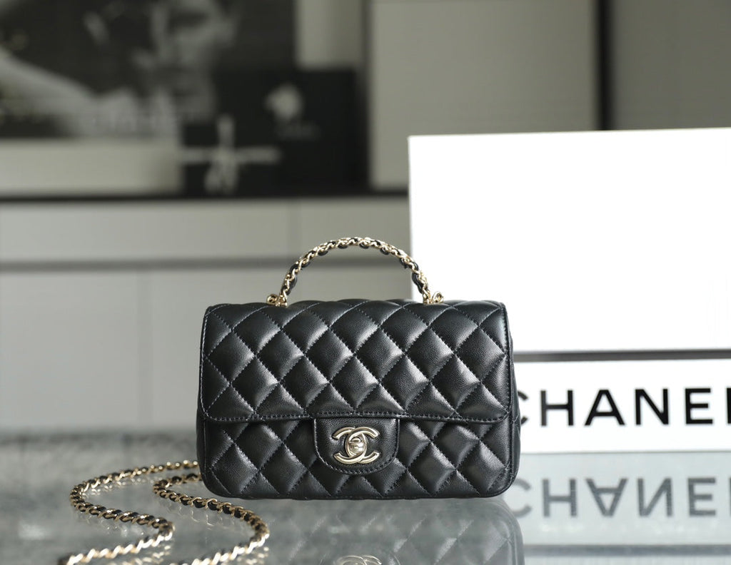 CHANEL MINI RECTANGLE FLAP BAG TOP HANDLE 20CM BLACK LAMBSKIN SILVER HARDWARE