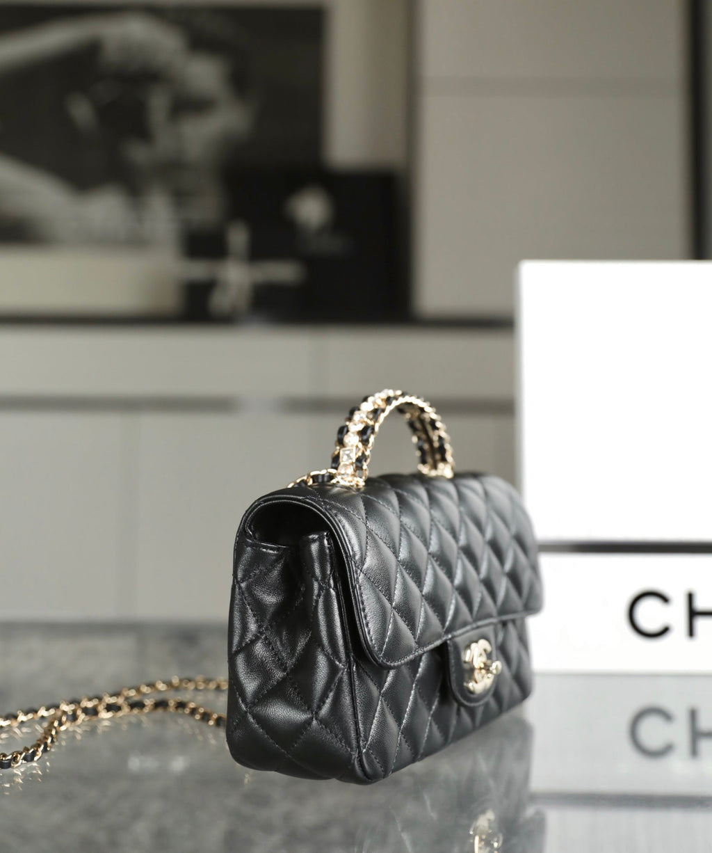 CHANEL MINI RECTANGLE FLAP BAG TOP HANDLE 20CM BLACK LAMBSKIN SILVER HARDWARE