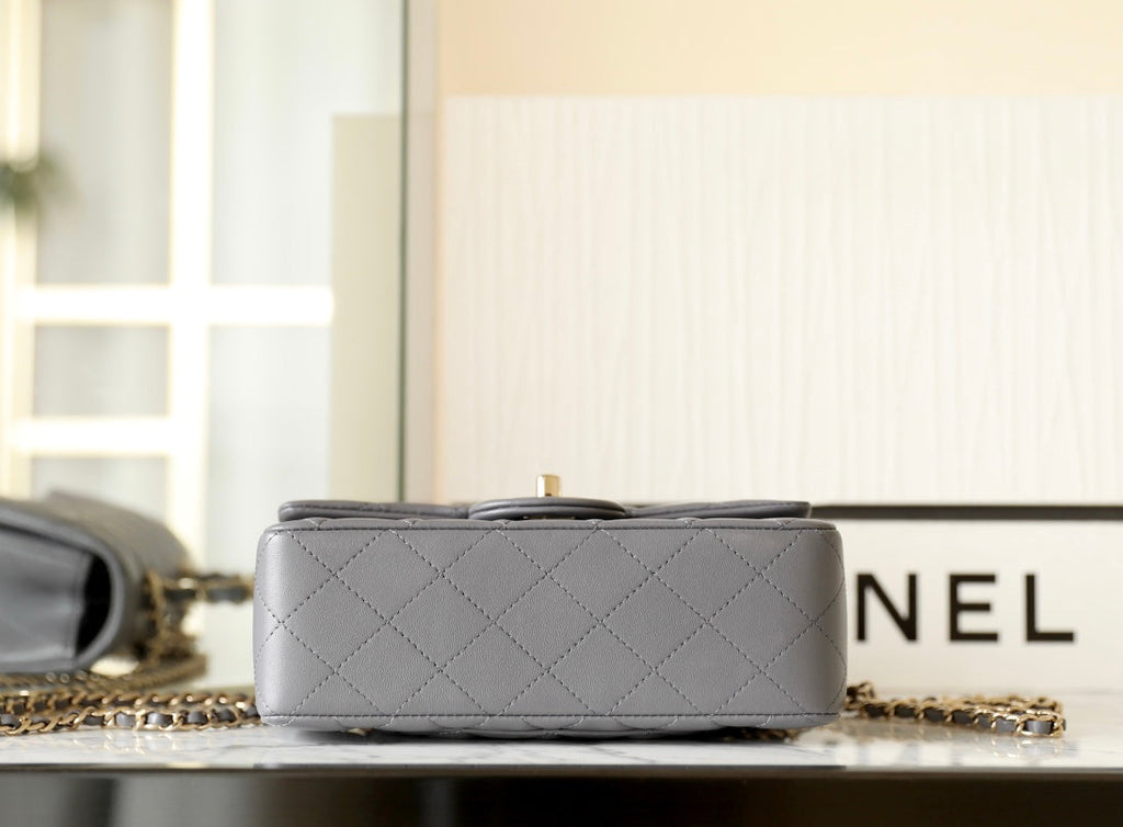 CHANEL MINI RECTANGLE FLAP BAG TOP HANDLE 20CM GREY LAMBSKIN SILVER HARDWARE