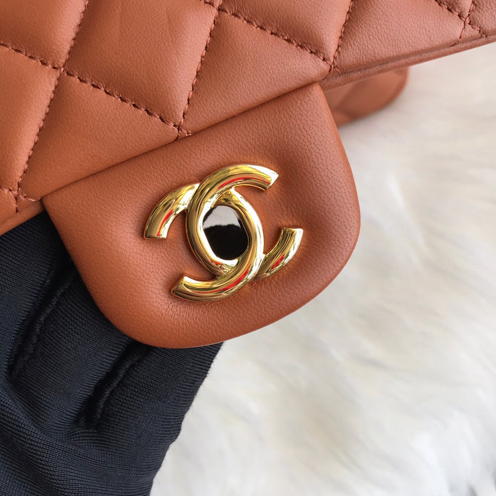 CHANEL 20 CLASSIC SMALL DOUBLE FLAP BAG IN CARAMEL BROWN CALFSKIN