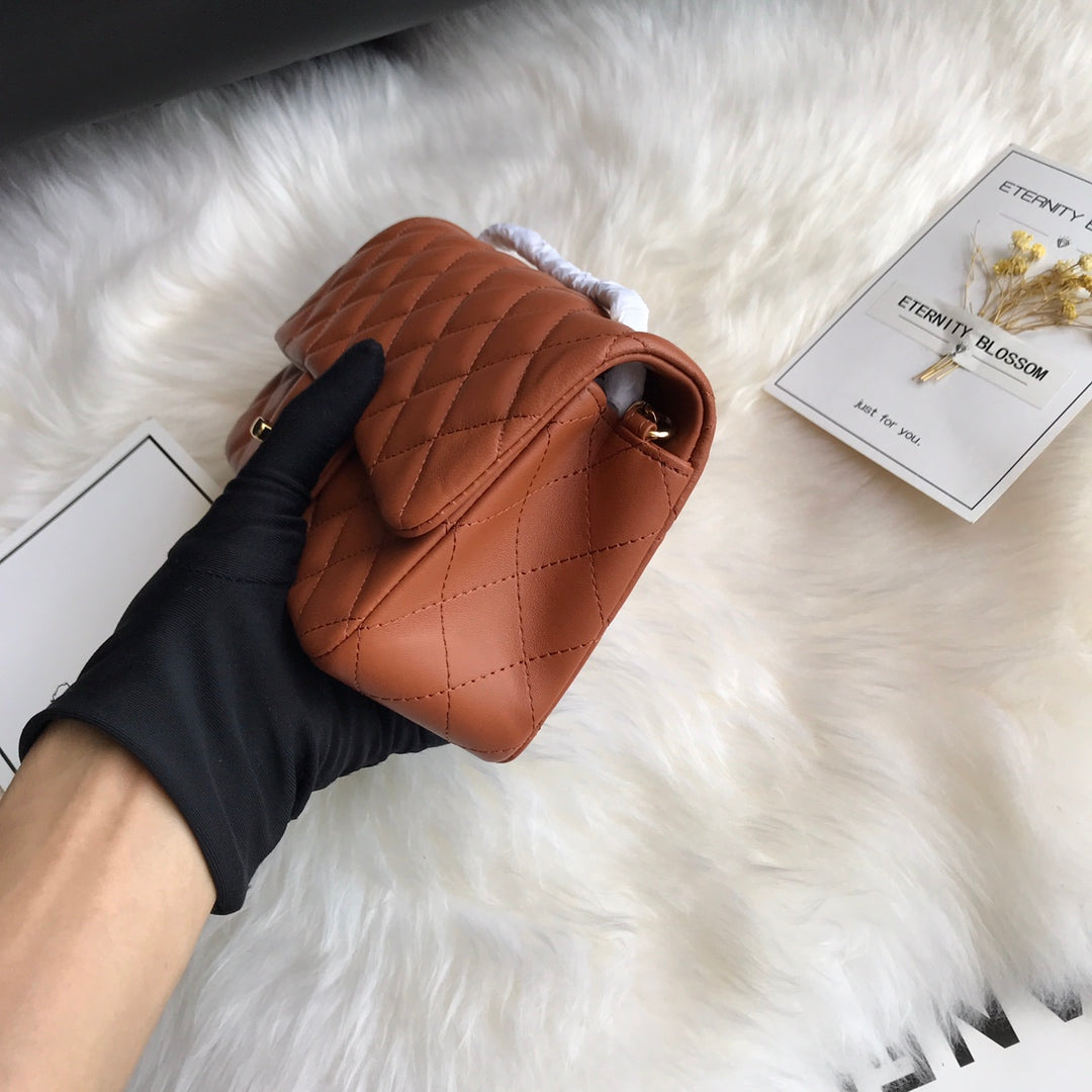 CHANEL 20 CLASSIC SMALL DOUBLE FLAP BAG IN CARAMEL BROWN CALFSKIN