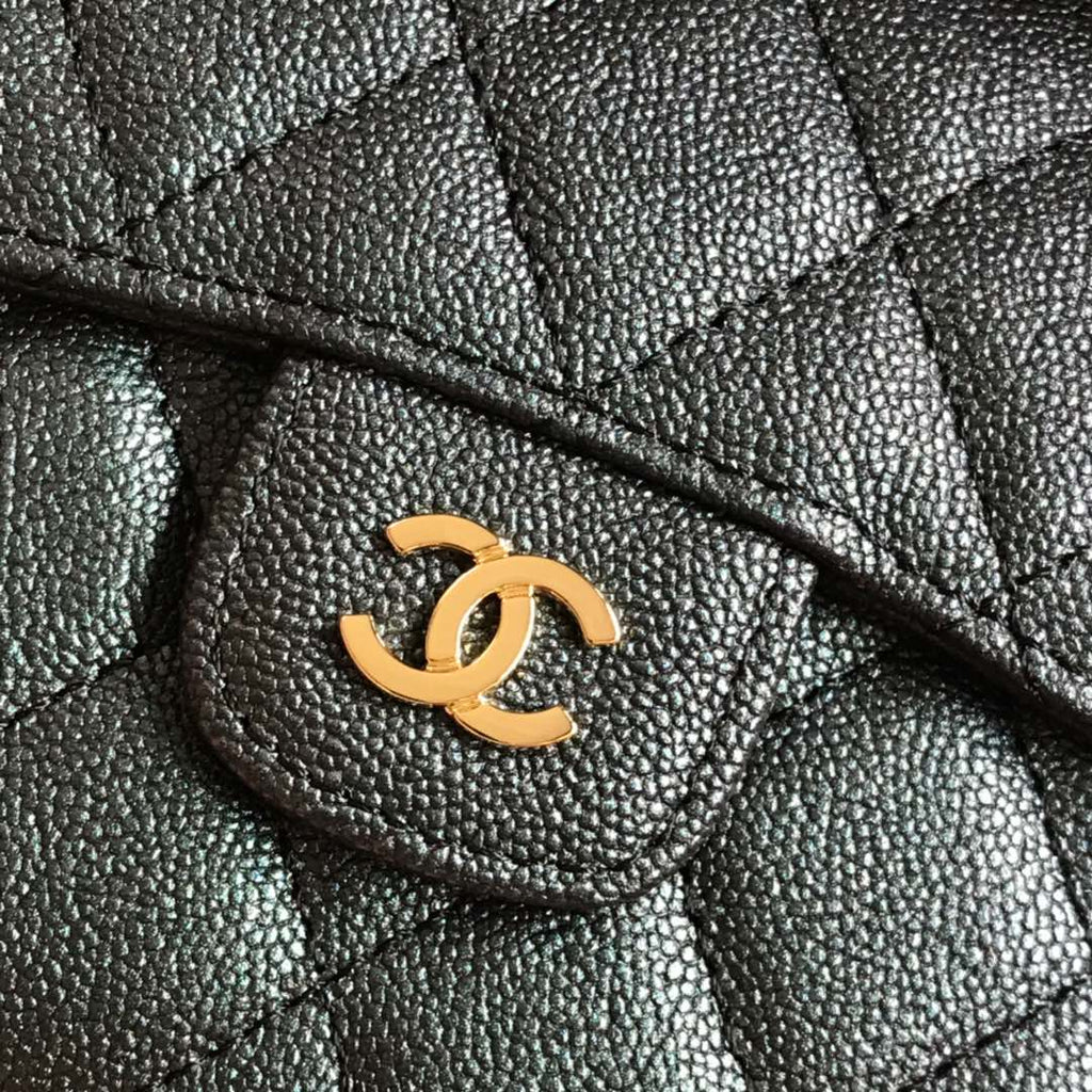 CHANEL FLAP CARD HOLDER 11.5 BLACK GRAINED CALFSKIN GOLD ICON