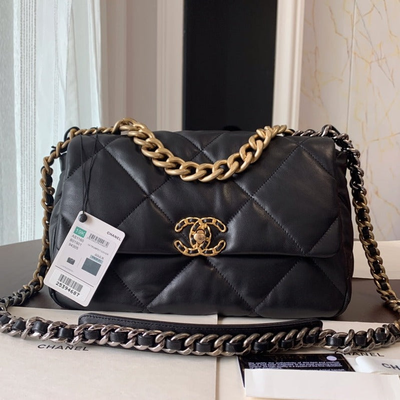 CHANEL 19 FLAP BAG 30 BLACK GOATSKIN GOLD HARDWARE