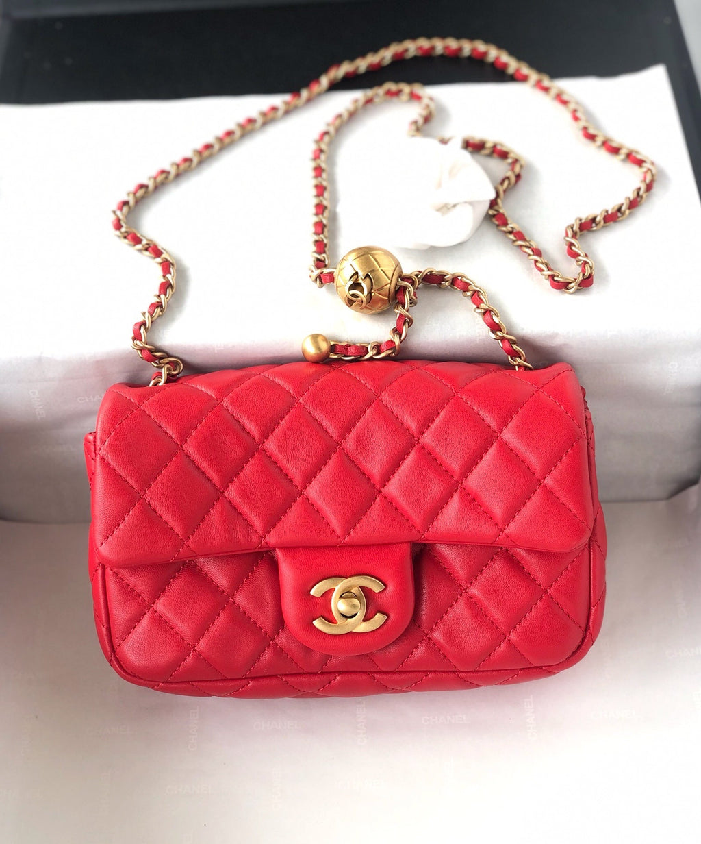 CHANEL MINI RECTANGLE CLASSIC FLAP BAG 20CM RED LAMBSKIN GOLD HARDWARE