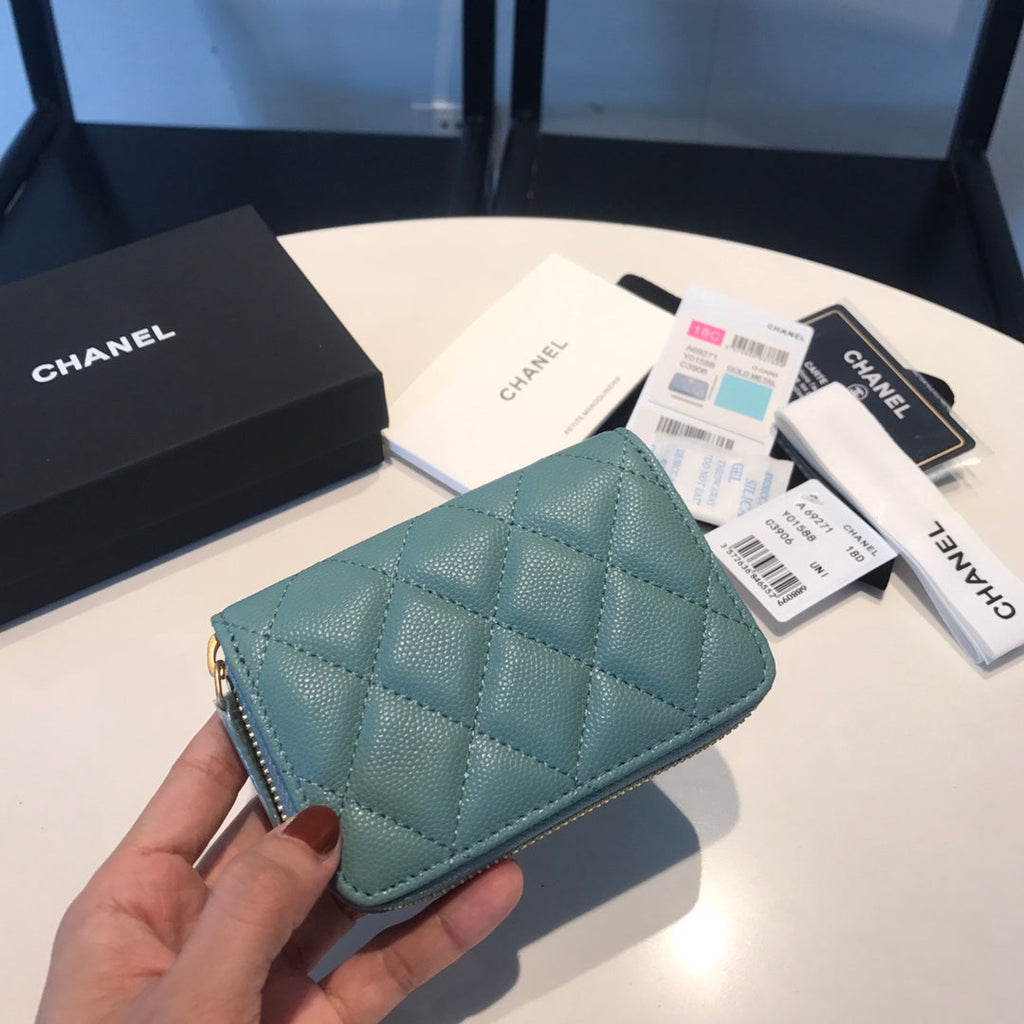 CHANEL ZIPPED COIN BASIC PURSE 11 TEAL CALFSKIN GOLD ICON
