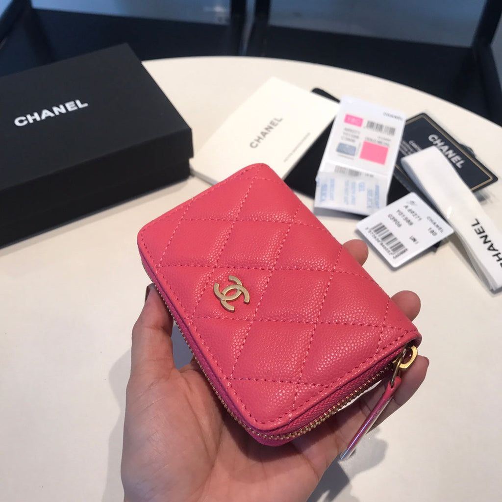 CHANEL ZIPPED COIN BASIC PURSE 11 RED PINK CALFSKIN GOLD ICON