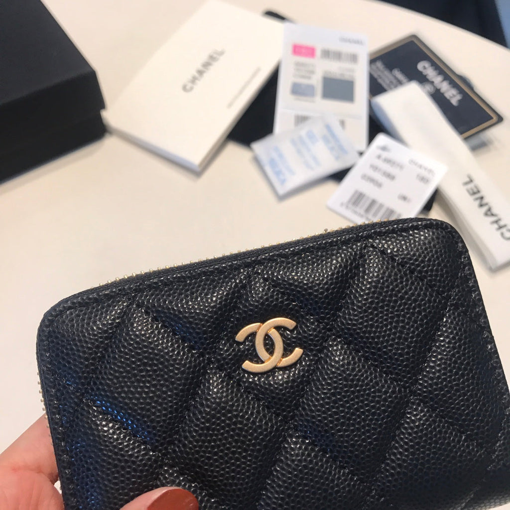 CHANEL ZIPPED COIN BASIC PURSE 11 BLACK CALFSKIN GOLD ICON