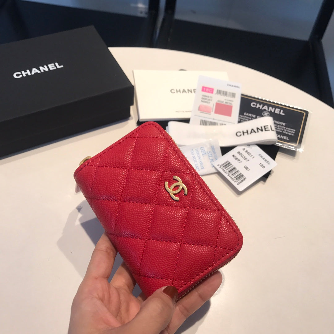 CHANEL ZIPPED CAVIAR PURSE 11 RED CALFSKIN GOLD ICON