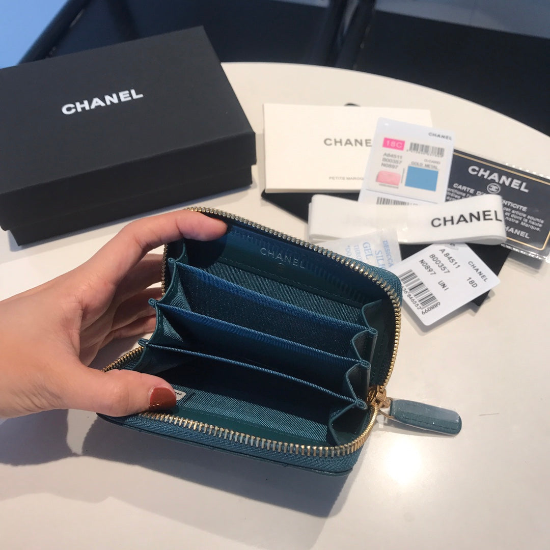CHANEL ZIPPED CAVIAR PURSE 11 OCEAN CALFSKIN GOLD ICON