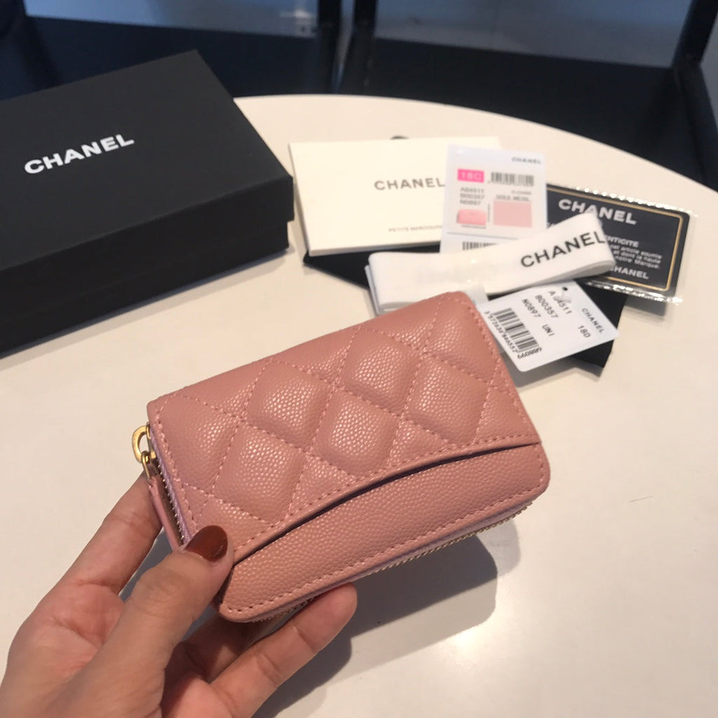 CHANEL ZIPPED CAVIAR PURSE 11 PEACH CALFSKIN GOLD ICON