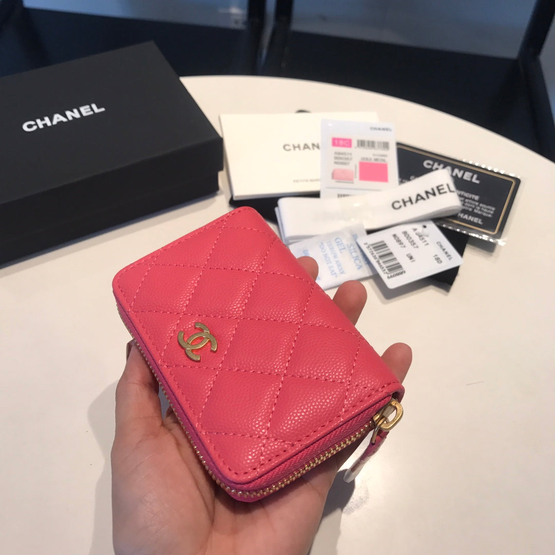 CHANEL ZIPPED CAVIAR PURSE 11 RED PINK CALFSKIN GOLD ICON