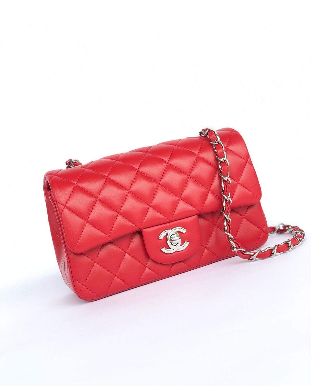 CHANEL MINI RECTANGLE FLAP BAG 20CM RED LAMBSKIN SILVER HARDWARE