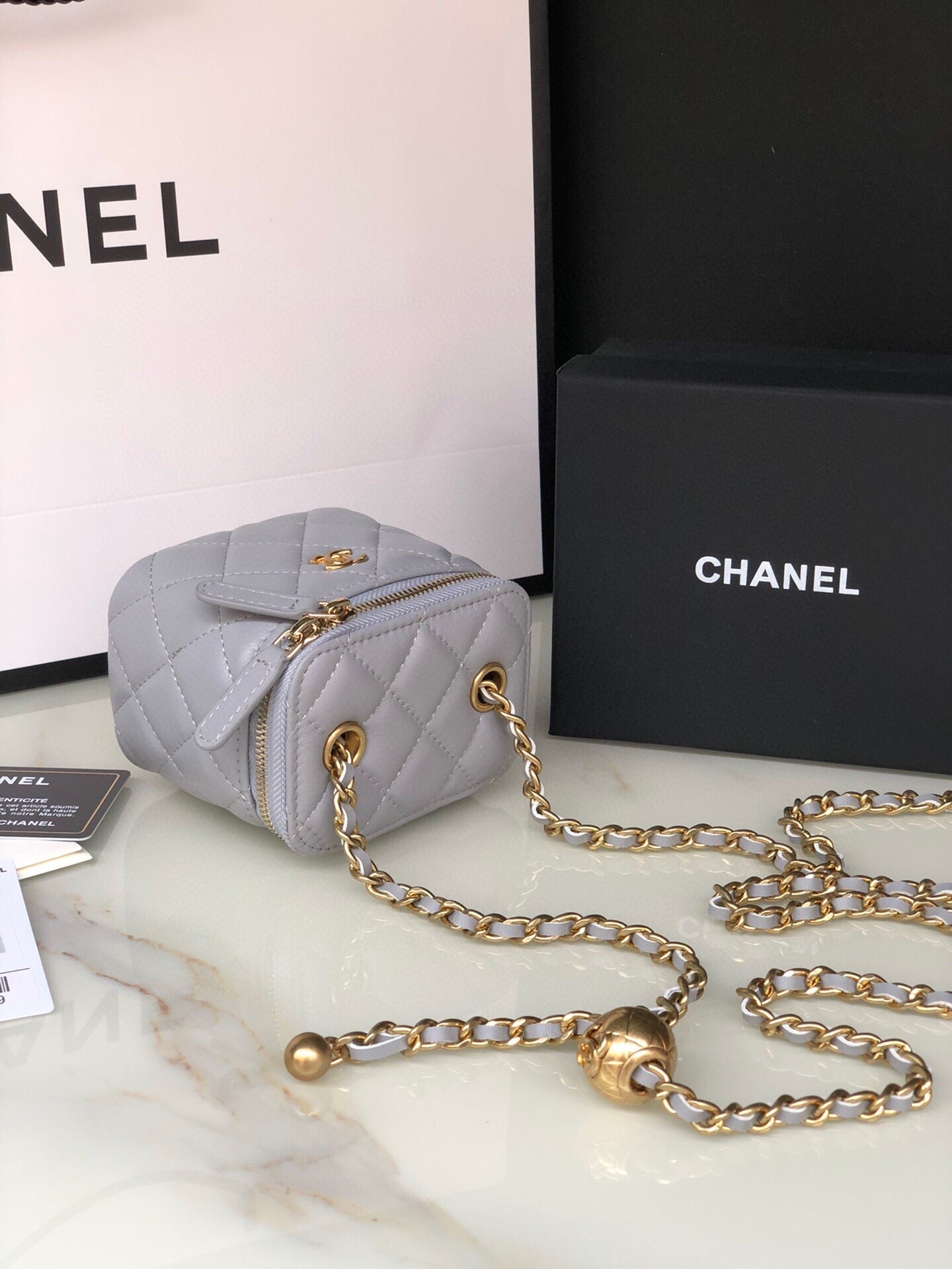 CHANEL MINI 11 VANITY CHAIN IN LIGHT GREY CALFSKIN GOLD HARDWARE