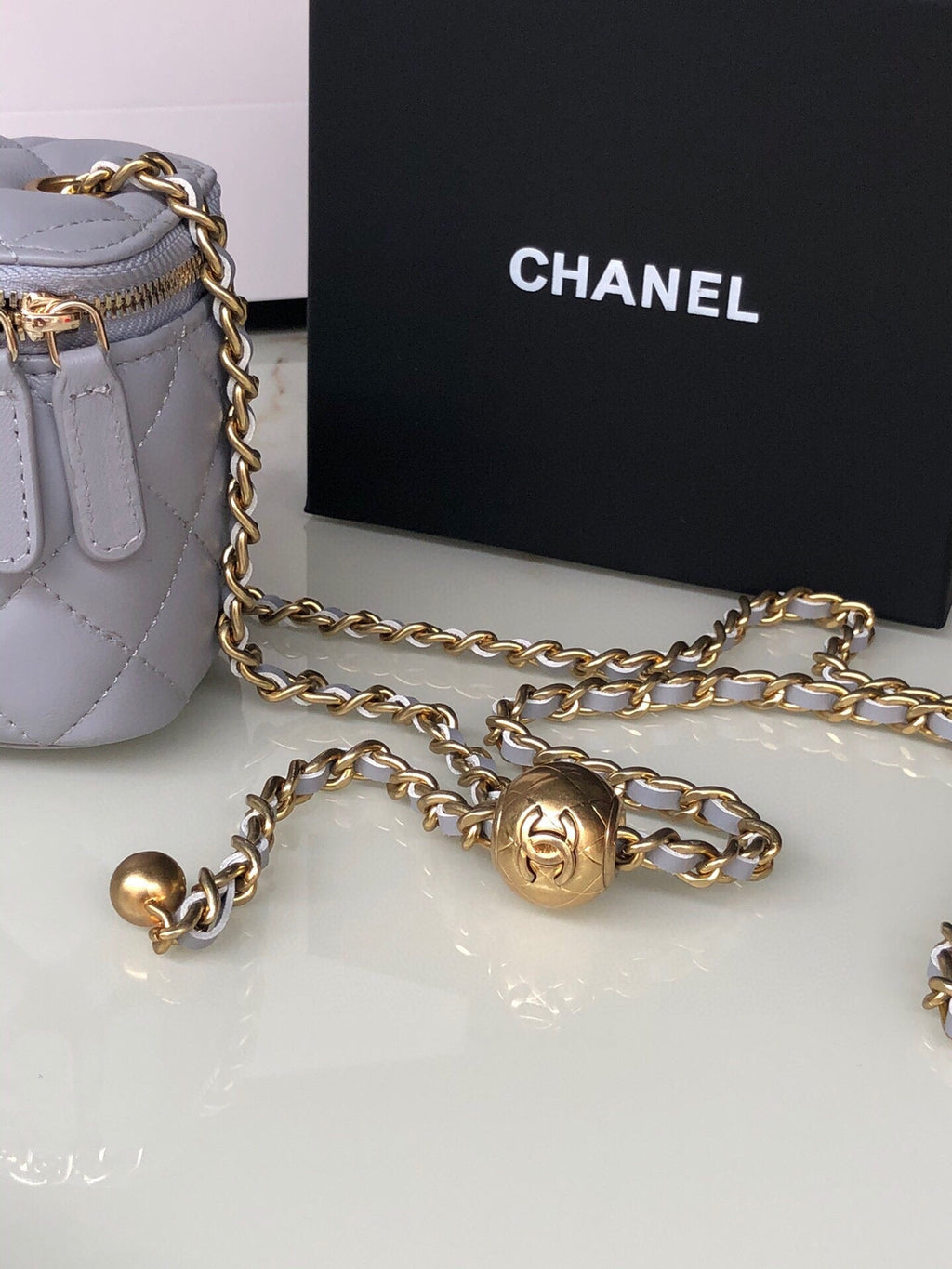CHANEL MINI 11 VANITY CHAIN IN LIGHT GREY CALFSKIN GOLD HARDWARE