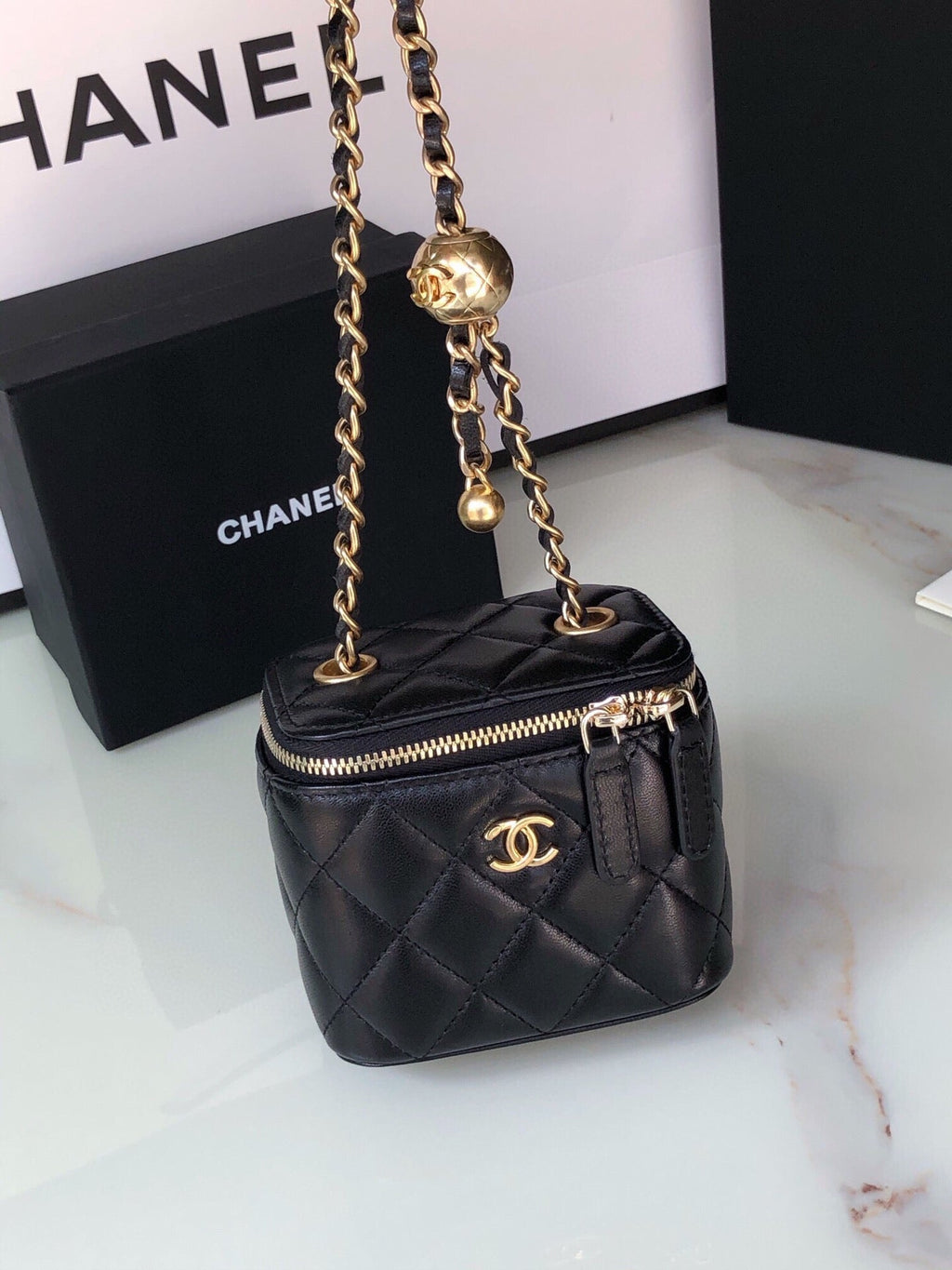 CHANEL MINI 11 VANITY CHAIN IN BLACK CALFSKIN GOLD HARDWARE