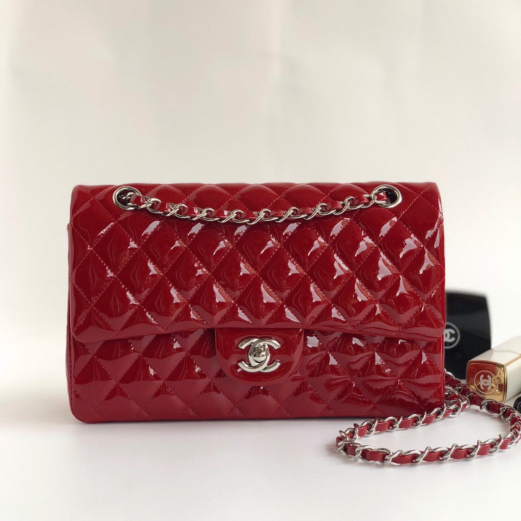 CHANEL FLAP BAG MEDIUM 25CM RED PATENT CALFSKIN SILVER HARDWARE