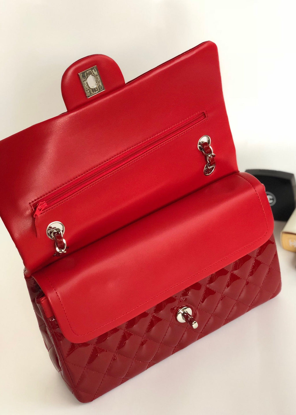 CHANEL FLAP BAG MEDIUM 25CM RED PATENT CALFSKIN SILVER HARDWARE