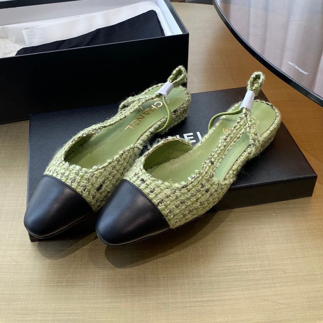 CHANEL SLINGBACKS IN LIGHT GREEN FABRIC AND BLACK CALFSKIN