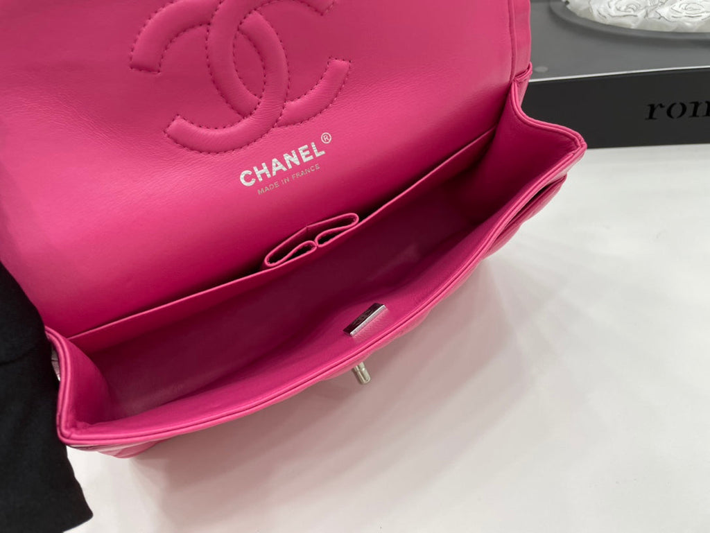 CHANEL 25 CLASSIC SMALL DOUBLE FLAP BAG IN BRIGHT PINK CALFSKIN WITH STRAP