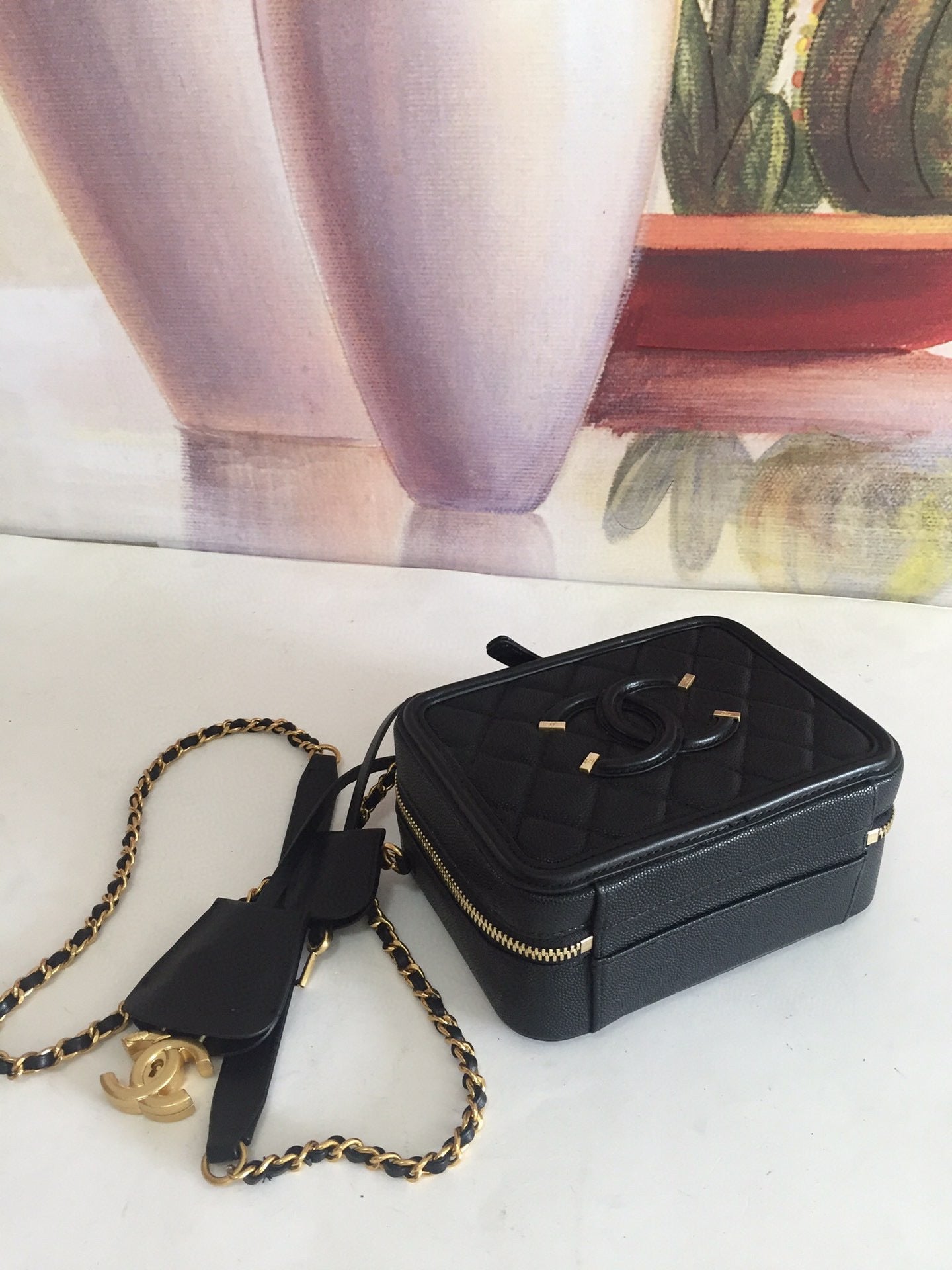 CHANEL MINI 17 VANITY CASE IN BLACK CALFSKIN GOLD HARDWARE