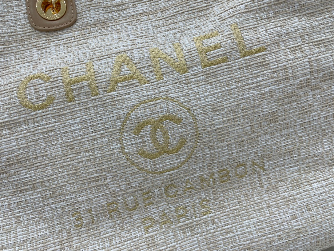 CHANEL DEAUVILLE LARGE 38 TOTE BAG IN BEIGE CANVAS GOLD HARDWARE