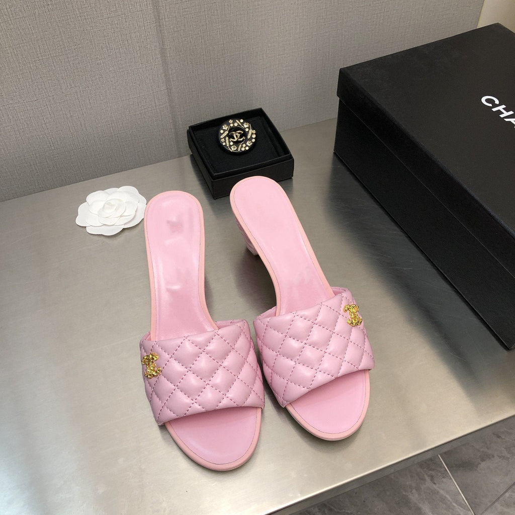 CHANEL rev cone heel mule slide sandal pink quilted lambskin 6cm