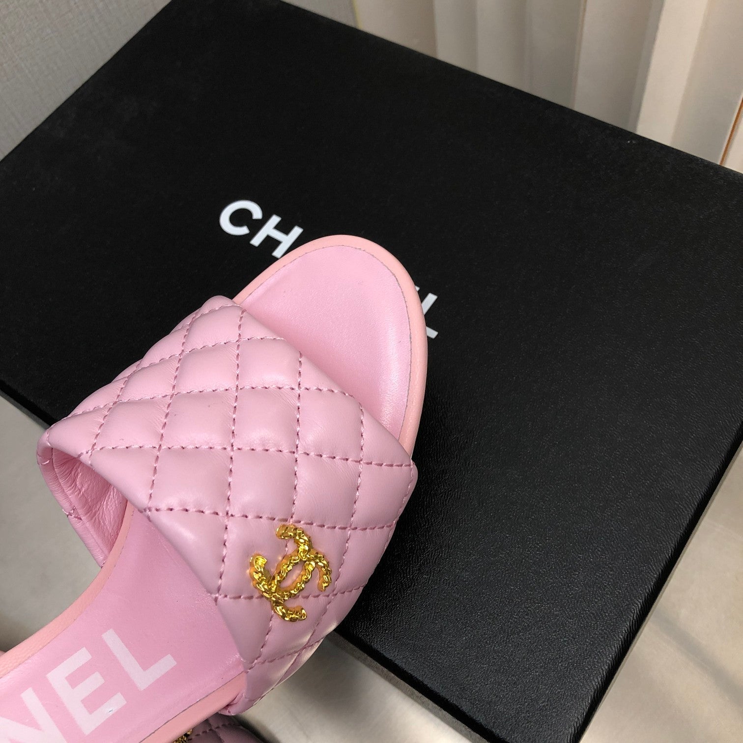 CHANEL rev cone heel mule slide sandal pink quilted lambskin 6cm