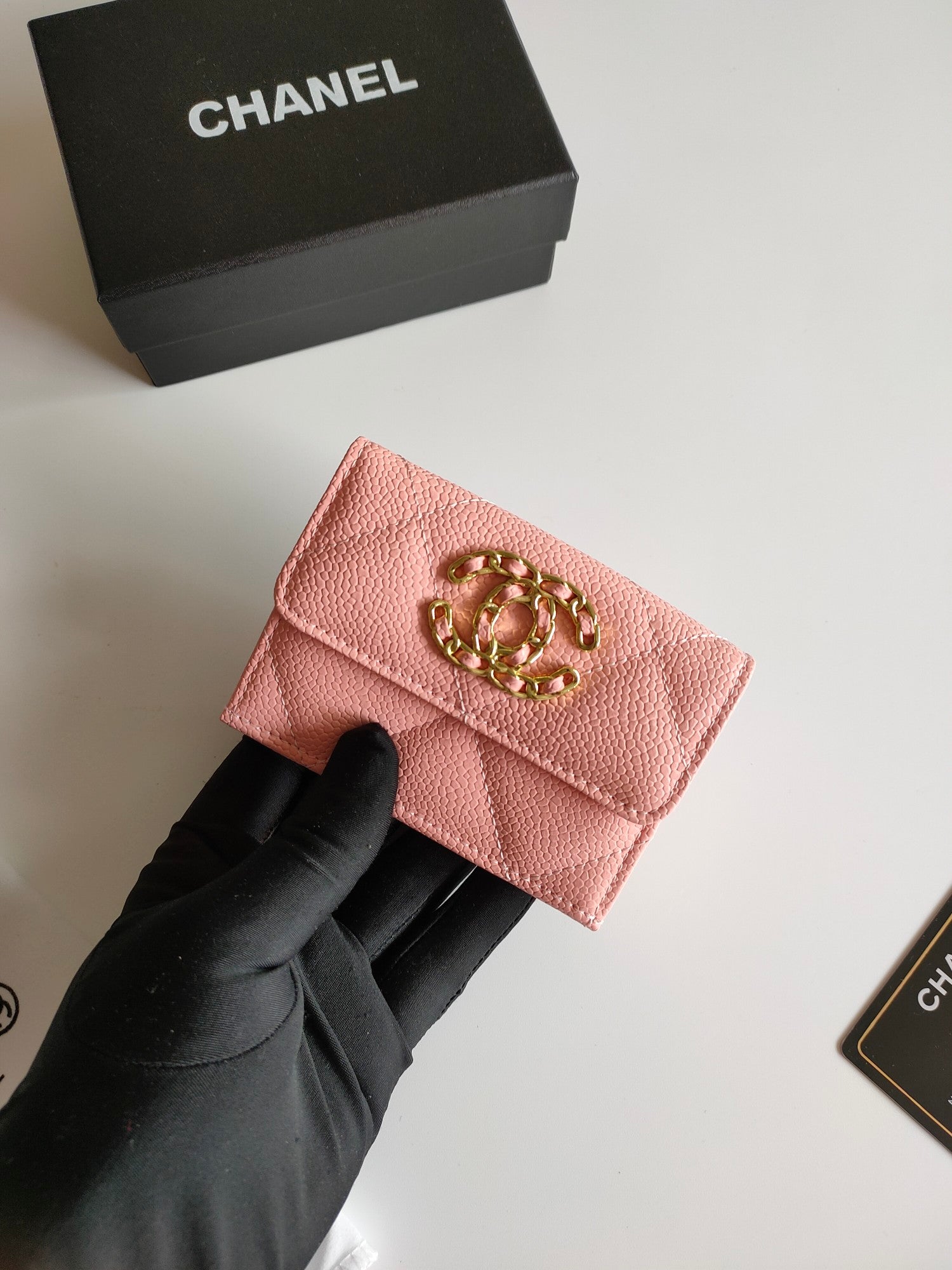CHANEL TRIFOLD PURSE 12 PEACH GRAINED CALFSKIN GOLD ICON