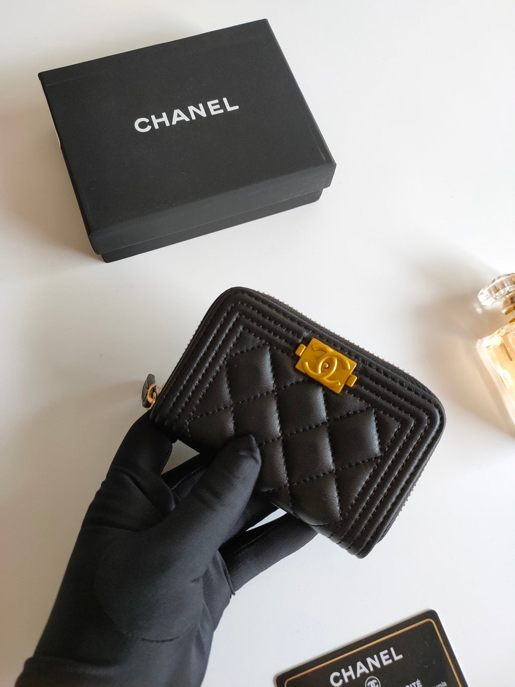 CHANEL BOY ZIP COIN PURSE 11.5 BLACK CALFSKIN GOLD ICON