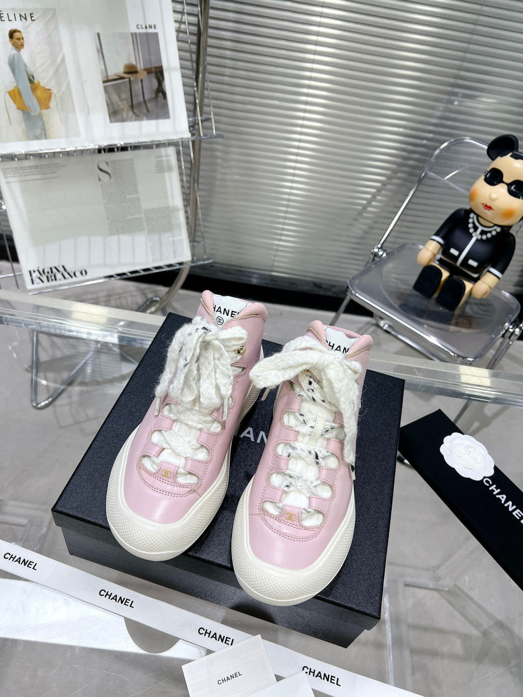 CHANEL CANO ALTO SNEAKER IN BLUSH PINK CALFSKIN AND WHITE RUBBER