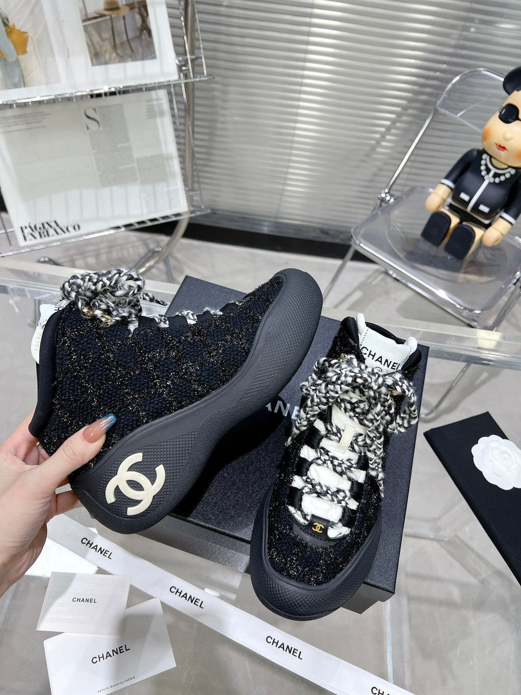 CHANEL CANO ALTO SNEAKER IN BLACK TWEED AND RUBBER
