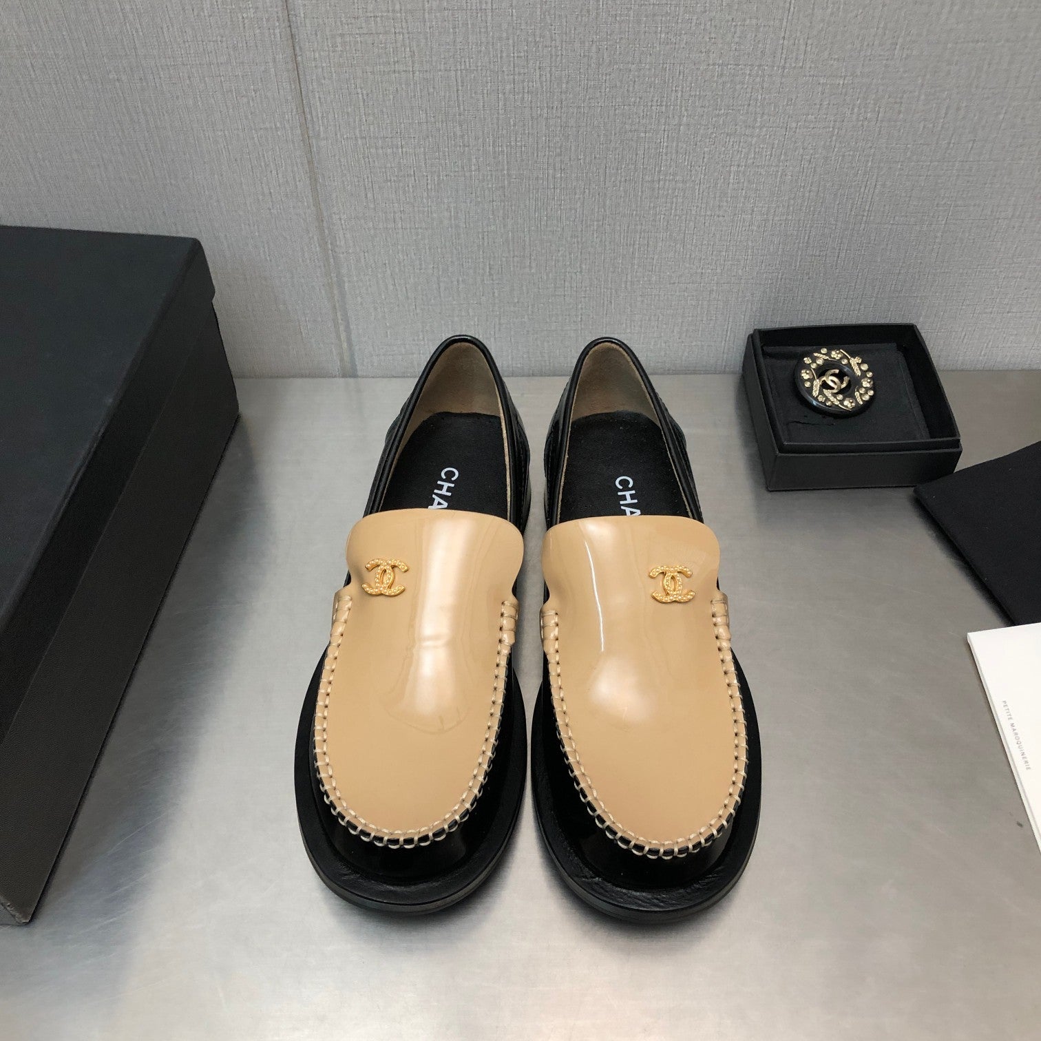 CHANEL Double C Beige Cream Loafers Sheepskin