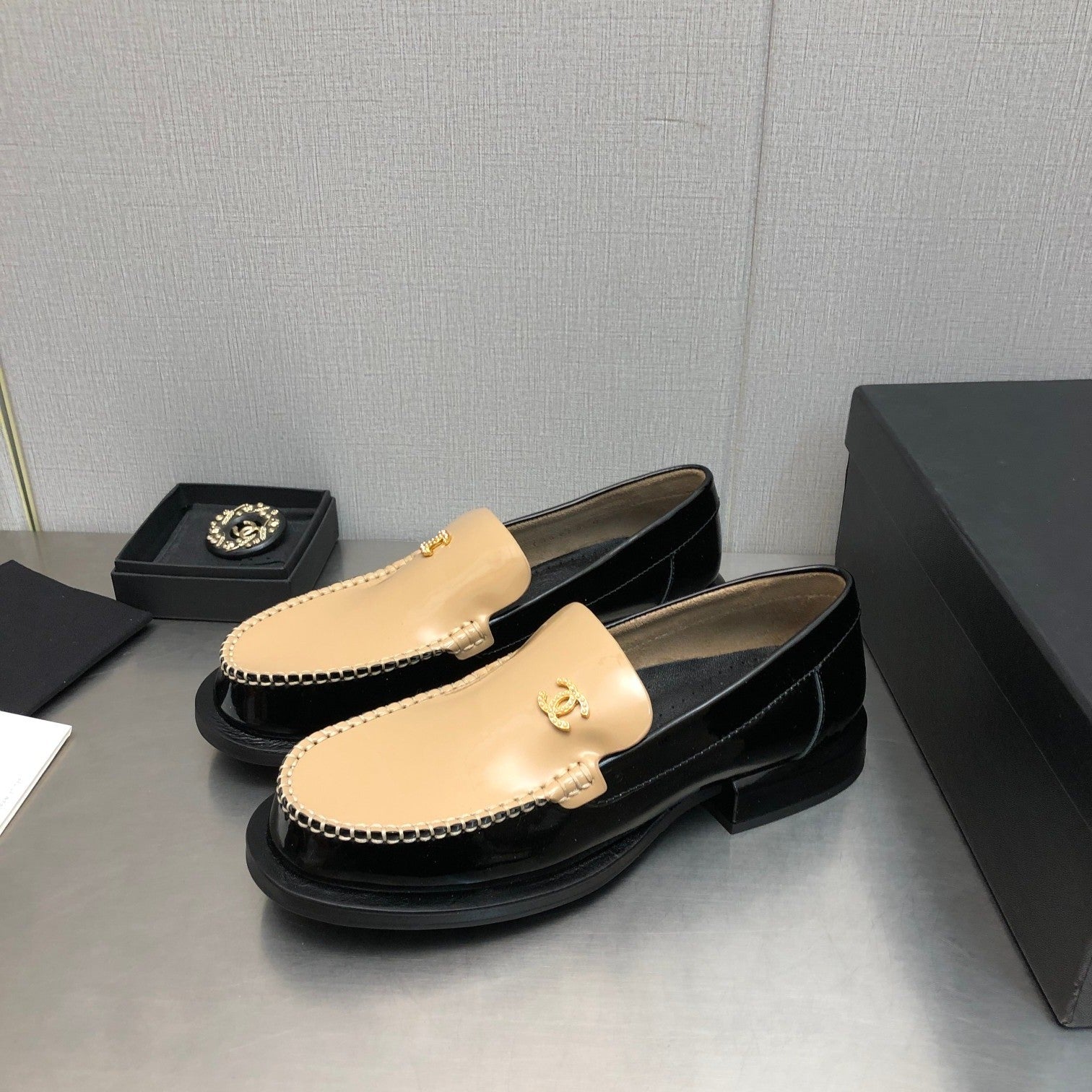 CHANEL Double C Beige Cream Loafers Sheepskin