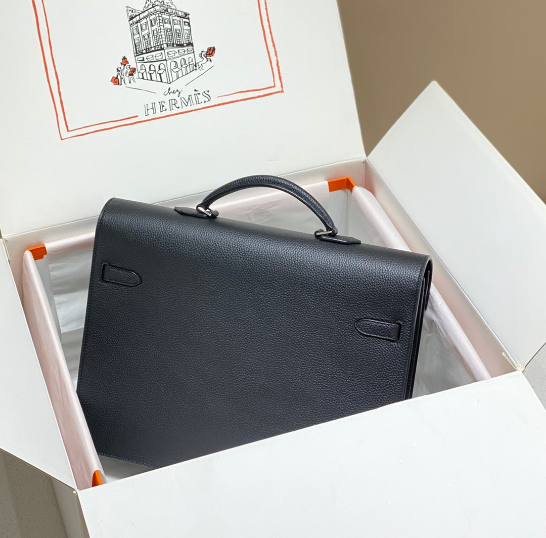 HERMES KELLY DEPECHES 38 BRIEFCASE IN BLACK TOGO CALFSKIN SILVER HARDWARE