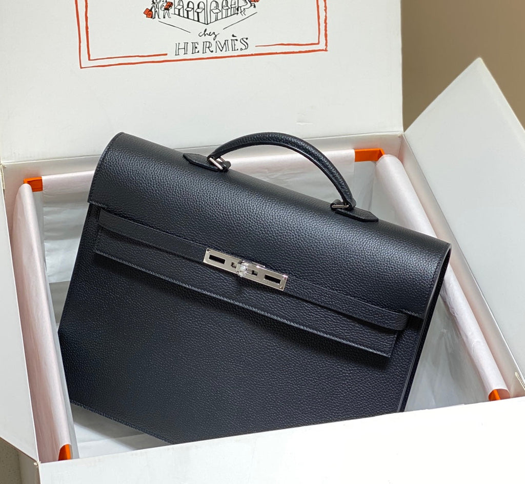 HERMES KELLY DEPECHES 38 BRIEFCASE IN BLACK TOGO CALFSKIN SILVER HARDWARE