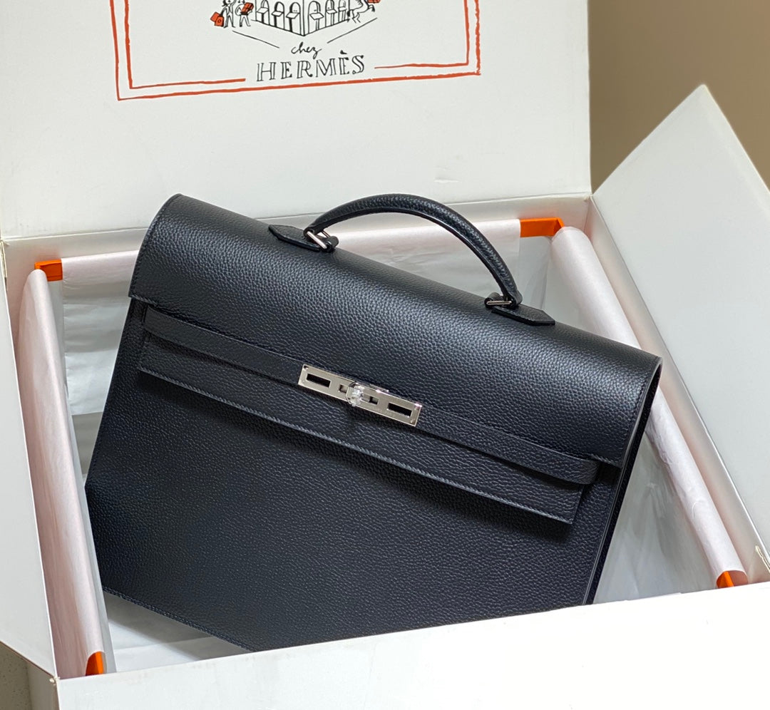HERMES KELLY DEPECHES 38 BRIEFCASE IN BLACK TOGO CALFSKIN SILVER HARDWARE