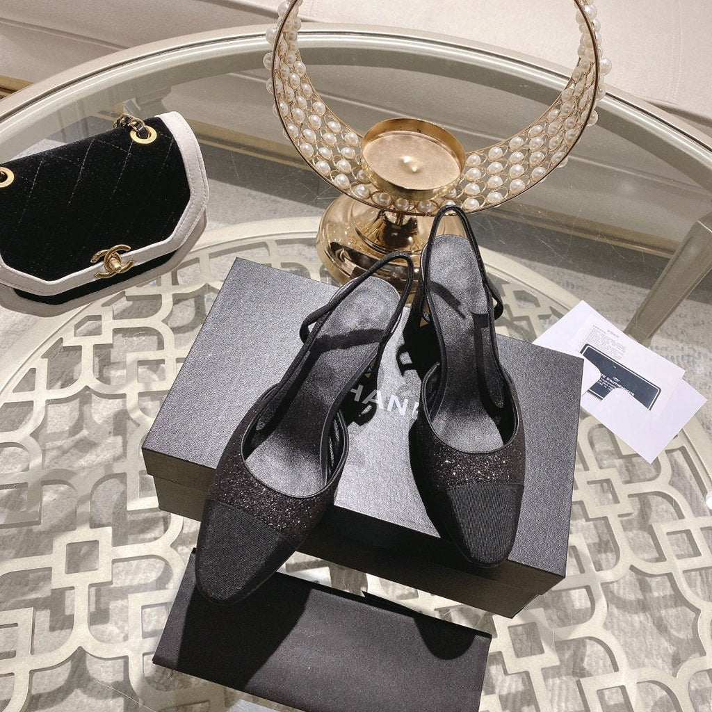 CHANEL slingback 6.5 glitter black grosgrain