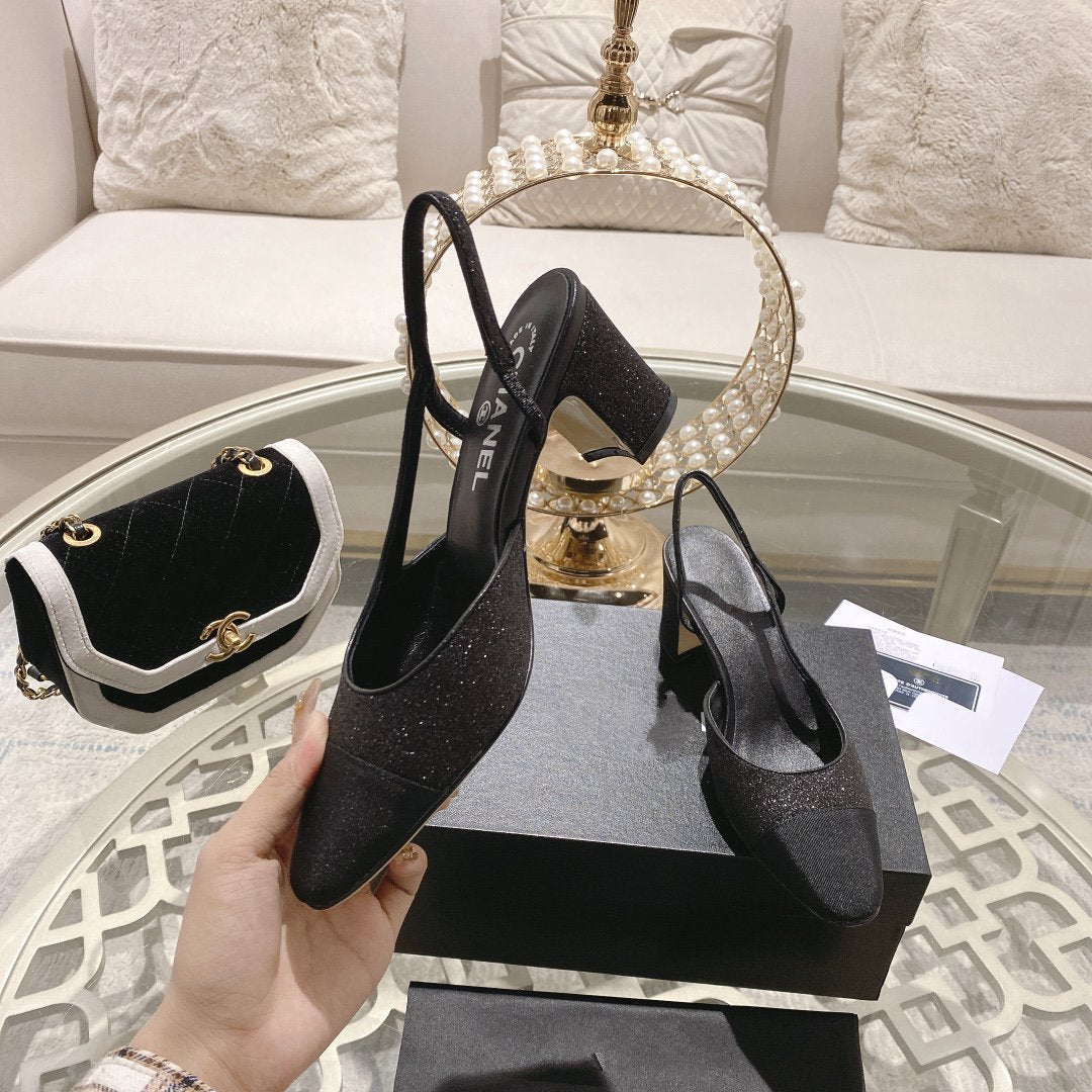 CHANEL slingback 6.5 glitter black grosgrain
