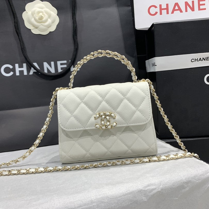 CHANEL 23P Flap Bag 15cm White Caviar Gold Hardware