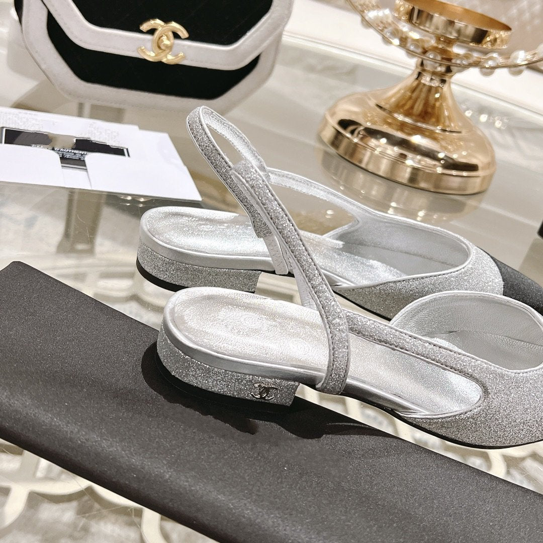 CHANEL slingback 2.5 glitter silver black grosgrain