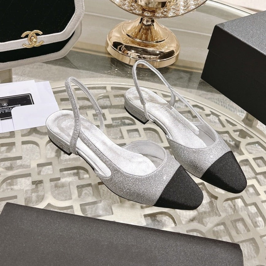 CHANEL slingback 2.5 glitter silver black grosgrain