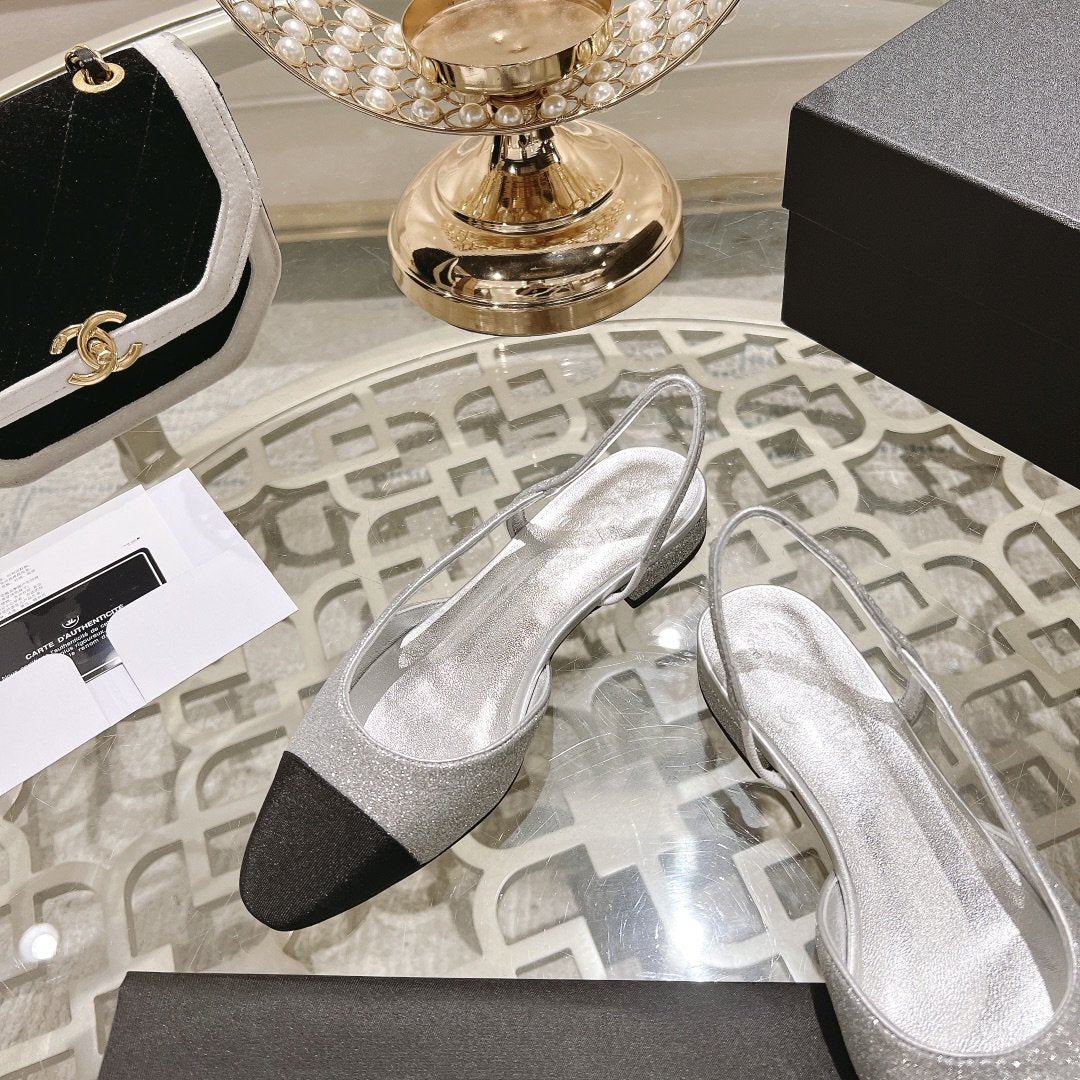 CHANEL slingback 2.5 glitter silver black grosgrain